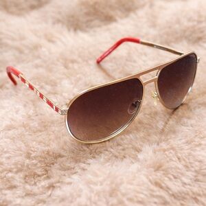 Christian Dior Gold Aviator Sunglasses Red Arms Designer Italy